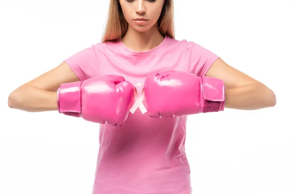 Widok Upraw Młodej Kobiety Różowych Rękawiczkach Bokserskich Trzymającej Wstążkę Świadomości — Zdjęcie stockowe