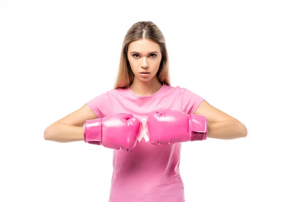 Frau Boxhandschuhen Hält Rosafarbenes Brustkrebsband Auf Weißem Grund — Stockfoto