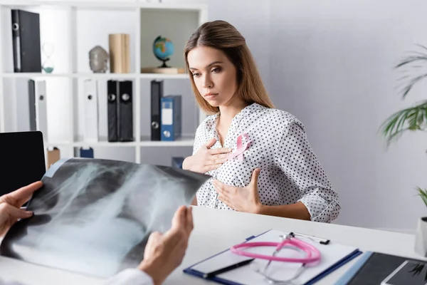 Selective Focus Sad Young Adult Woman Hands Breast Doctor — Stock Photo, Image