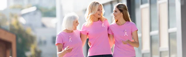 Panoramic Shot Women Pink Ribbons Breast Cancer Awareness Outdoors — Stock Photo, Image