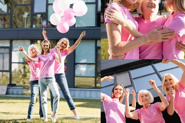 Collage Mujeres Abrazándose Pie Cerca Globos Mostrando Los Brazos Aire — Foto de Stock