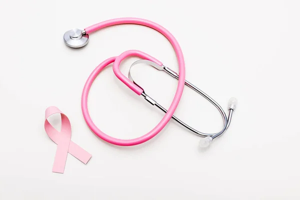 Top View Stethoscope Ribbon Breast Cancer Awareness Isolated White — Stock Photo, Image