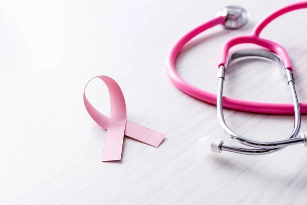 Pink Ribbon Breast Cancer Awareness Stethoscope White Wooden Background — Stock Photo, Image