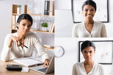 Afrikalı Amerikalı iş kadınlarının kolajı kameraya bakıyor, ofiste otururken dizüstü bilgisayar kullanıyor.