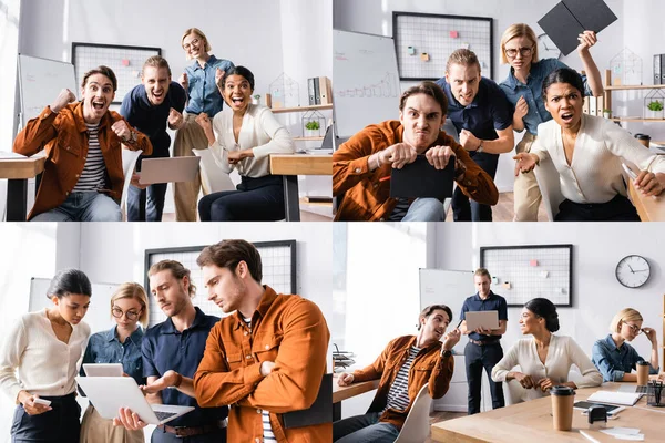 Collage Equipo Emocional Jóvenes Empresarios Multiculturales Que Trabajan Juntos Oficinas — Foto de Stock