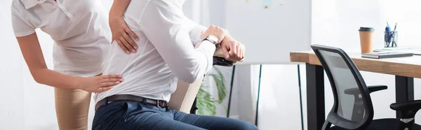 Cropped View Masseuse Doing Seated Massage Businessman Back Office — Stock Photo, Image