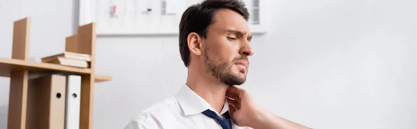 Businessman Holding Hand Aching Neck While Looking Away Office Banner — Stock Photo, Image