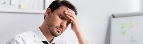 Exhausted Businessman Migraine Holding Hand Forehead While Looking Away Blurred — Stock Photo, Image