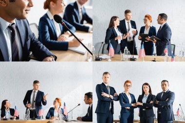 Collage of interracial politicians talking, standing with crossed arms, sitting near microphone during political party congress clipart