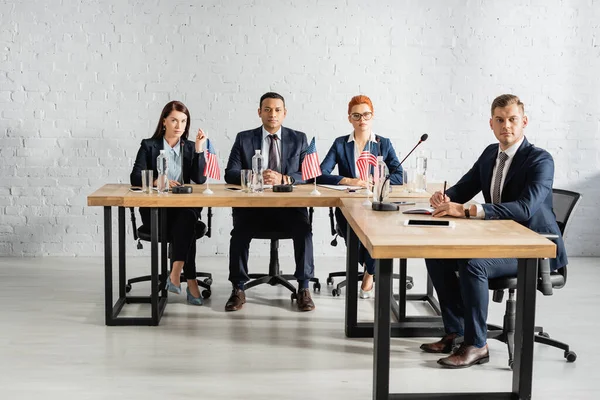 Politicians Looking Camera While Sitting Table Political Party Congress Boardroom — Stock Photo, Image