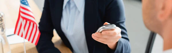 Partial View Journalist Dictaphone Interviewing Politician Press Conference Blurred Background — Stock Photo, Image