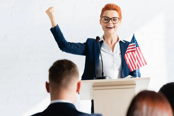 Excited Political Agitator Showing Winner Gesture Front Voters Conference Hall — Stock Photo, Image