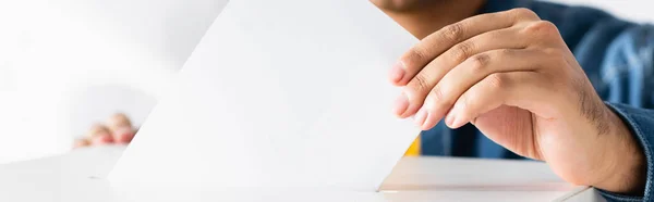 Cropped View Man Inserting Ballot Polling Box Banner — Stock Photo, Image