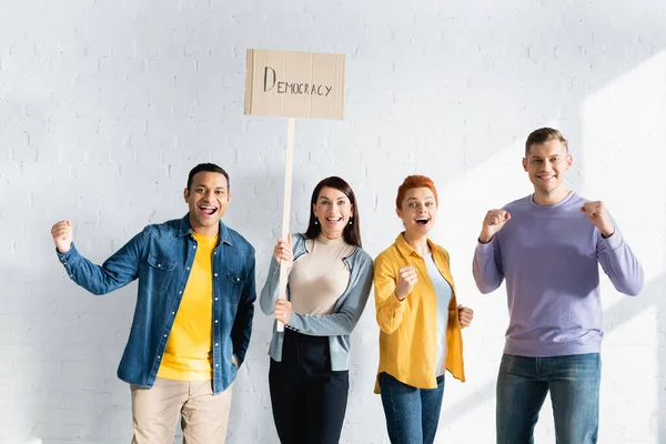 Woman Holding Placard Democracy Lettering Excited Multicultural Minded People — Stock Photo, Image