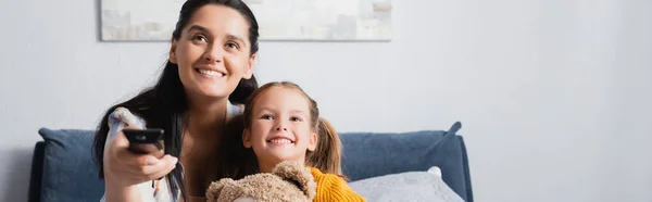 Cheerful Mother Daughter Watching Together Home Banner — Stock Photo, Image