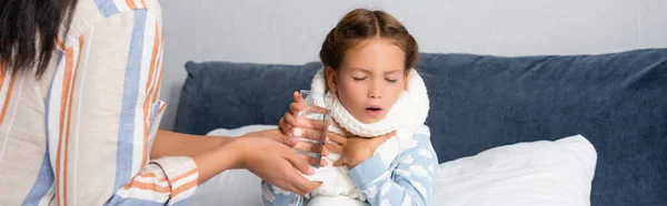 Mother Giving Glass Water Sick Child Coughing Bed Closed Eyes — Stock Photo, Image
