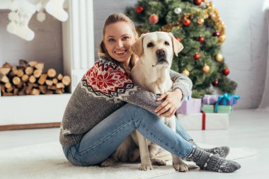 Süveter giymiş mutlu bir kadın yerde labrador ile birlikte Noel ağacının yanında oturuyor. 