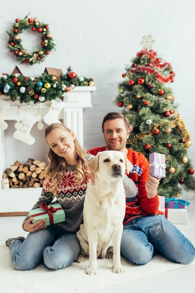 Alegre Pareja Sosteniendo Regalos Sentado Cerca Perro Árbol Navidad Casa —  Fotos de Stock