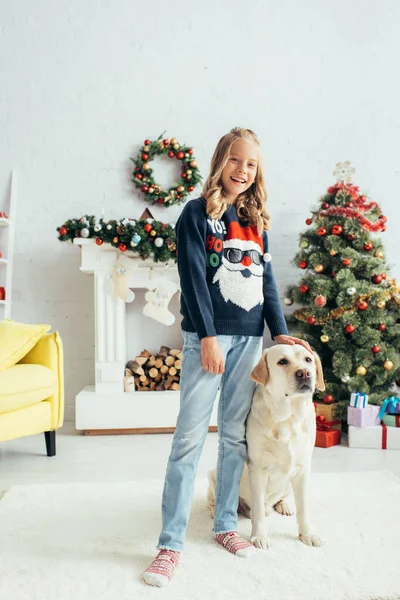 Girl Warm Sweater Standing Labrador Decorated Living Room Christmas Concept — Stock Photo, Image