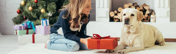 Joyful Kid Sweater Sitting Labrador Holding Christmas Present Decorated Living — Stock Photo, Image