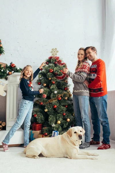 Fröhliche Familie Schmückt Weihnachtsbaum Neben Hund Wohnzimmer — Stockfoto