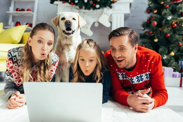 Überraschte Familie Schaut Weihnachten Film Auf Laptop Neben Hund — Stockfoto