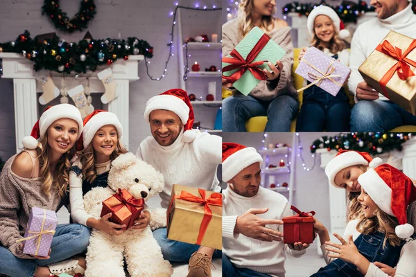Collage Joyful Family Santa Hats Holding Gifts Decorated Living Room — Stock Photo, Image