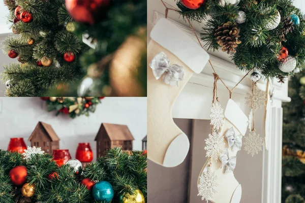 Collage of colorful balls and pine cones on fir near christmas stockings and fireplace — Stock Image Collage Colorful Balls Pine Cones Fir Christmas Stockings Fireplace Stock Photo