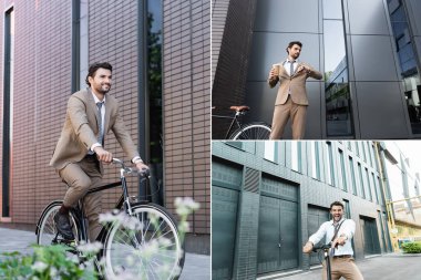 Takım elbiseli iş adamlarının elinde kahve ve akıllı telefon varken, saate, gülümsemeye, bisiklete ve e-scooter 'a baktığı kolaj.