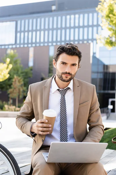 Businessman Suit Holding Paper Cup While Sitting Bench Laptop — Stock Photo, Image