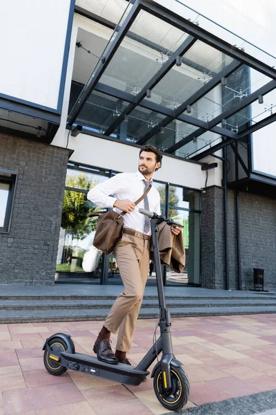 Full Length Businessman Formal Wear Leather Bag Standing Scooter Building — Stock Photo, Image