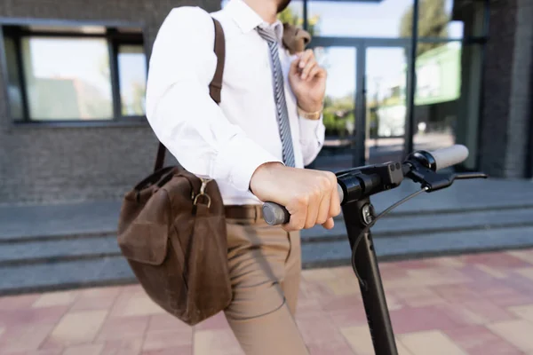 Cropped View Businessman Formal Wear Standing Scooter Leather Bag Blurred — Stock Photo, Image