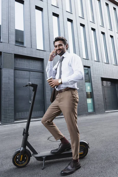 Cheerful Businessman Formal Wear Holding Paper Cup Talking Smartphone Scooter — Stock Photo, Image
