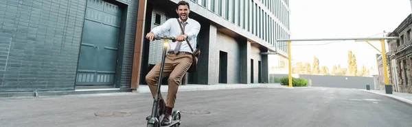 Full Length Businessman Formal Wear Riding Modern Electric Scooter Building — Stock Photo, Image