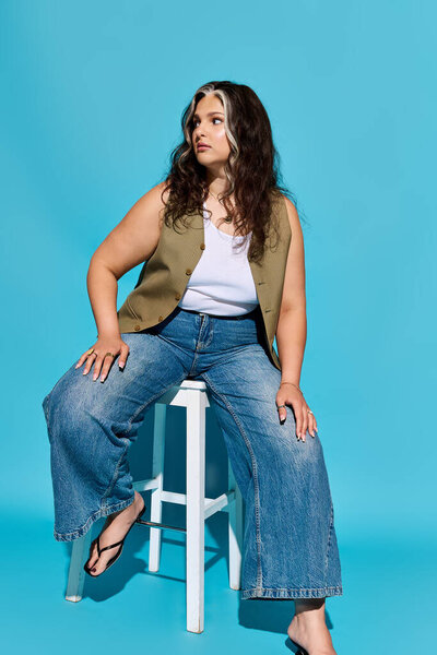 A confident woman with Waardenburg syndrome sits on a stool, showcasing her unique style.