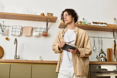 Modern bir mutfakta duran şık bir genç adam defterine fikirlerini not alıyor..