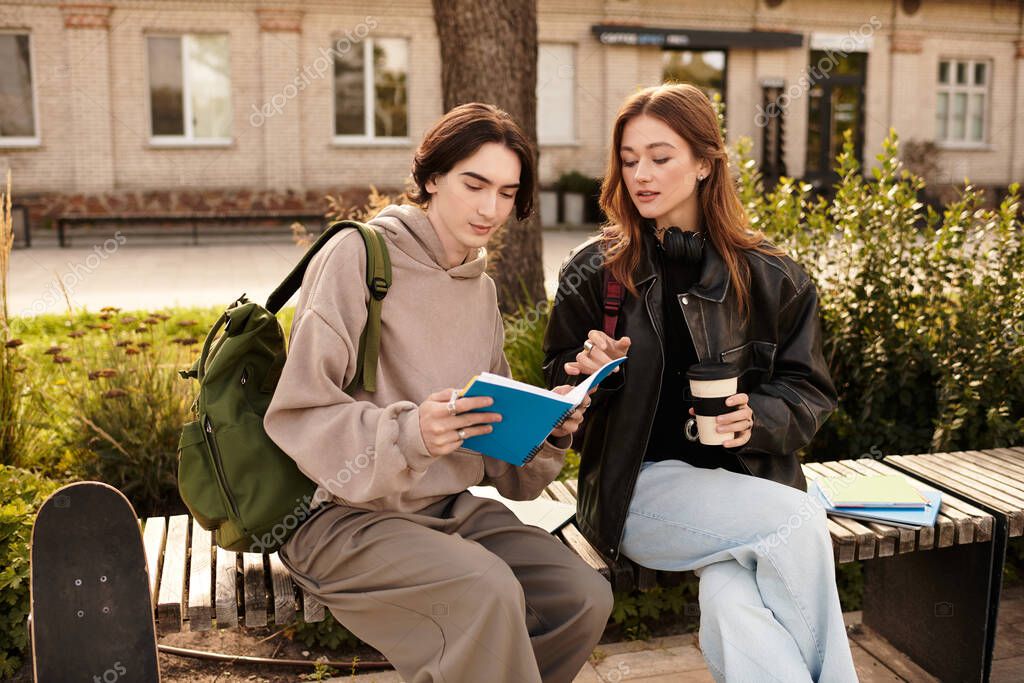 A young couple sits together on a bench, engrossed in their studies while enjoying the outdoors.