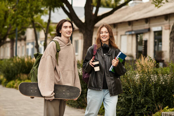 Joyful couple walks hand in hand through a lively street, sharing smiles and laughter.