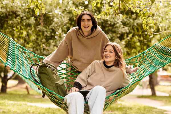 A loving couple relaxes in a vibrant hammock, surrounded by lush greenery under the warm sun.
