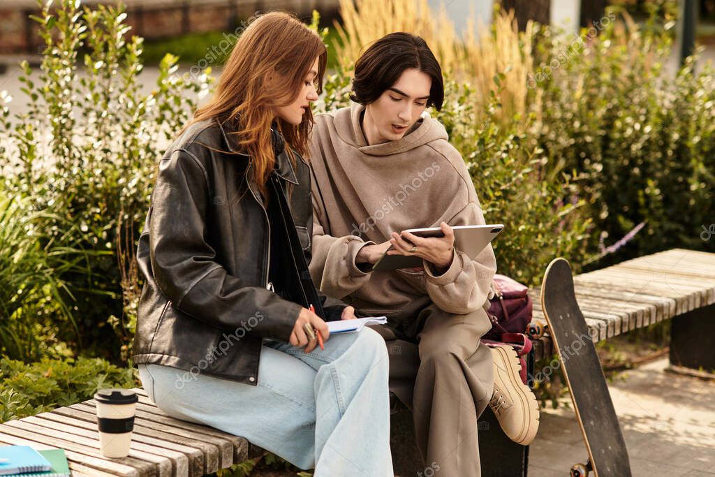 A loving couple sits together in an outdoor space, sharing smiles while looking at a tablet.