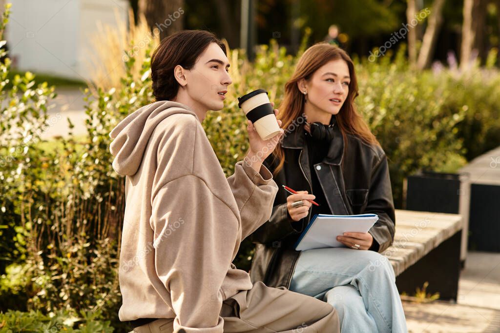 A couple sits together in a beautiful outdoor setting, sharing thoughts and laughter.
