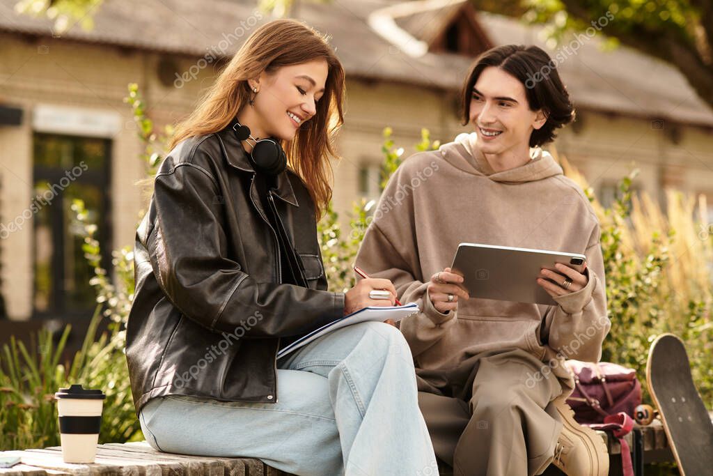 A young couple sits on a bench in a park, happily focusing on each other and discussing plans.