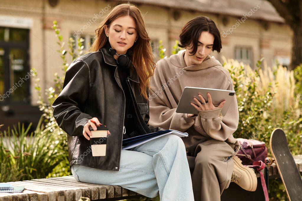 A young loving couple sits on a bench, sharing ideas and smiles while studying together outdoors.