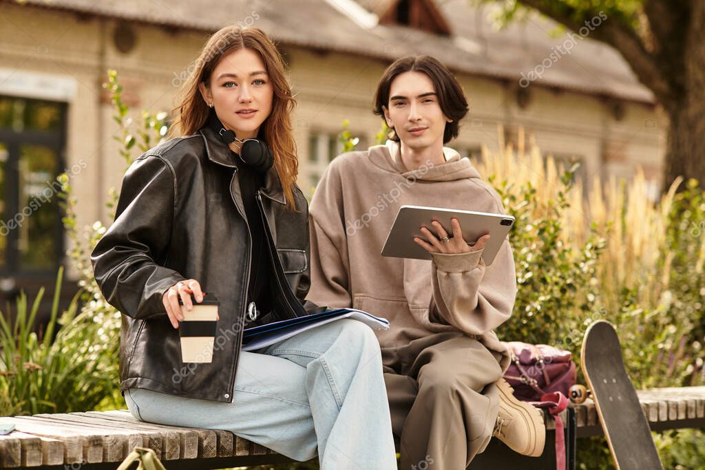 Loving couple relaxes on a bench in a park, sharing a moment with coffee and technology.