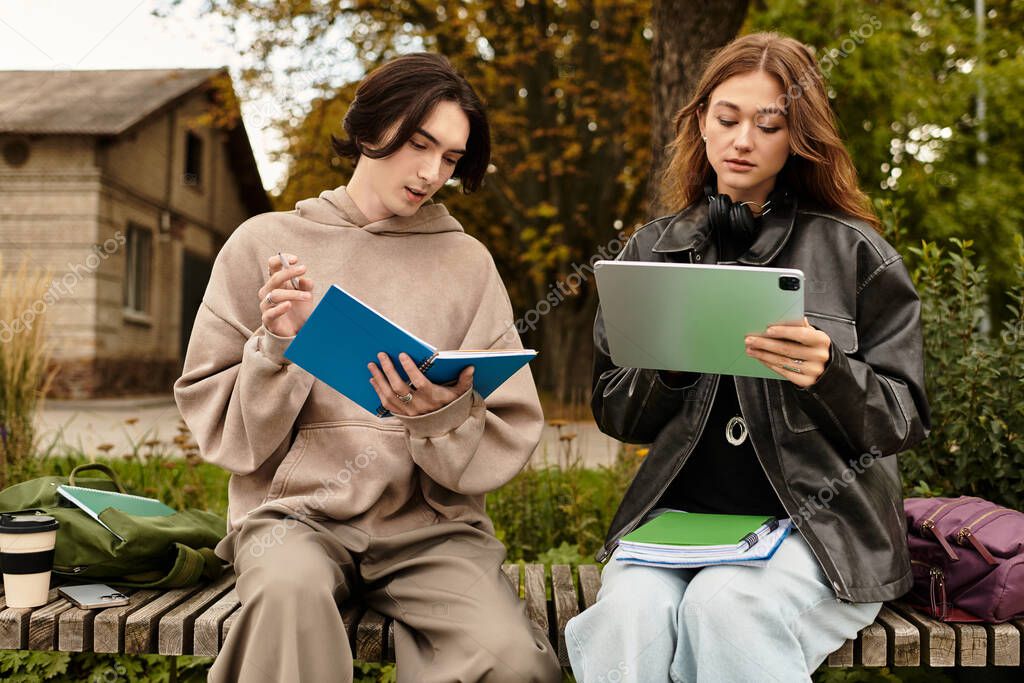 A loving couple engages in study time outdoors, surrounded by natures beauty and tranquility.