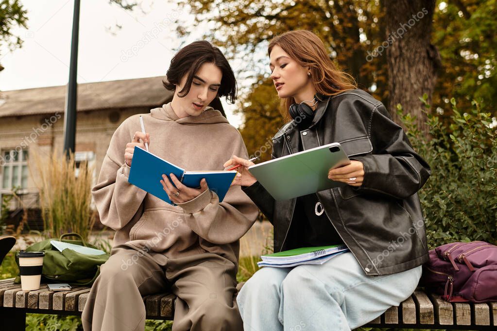 A young couple shares ideas while working on their projects in a lovely green park.