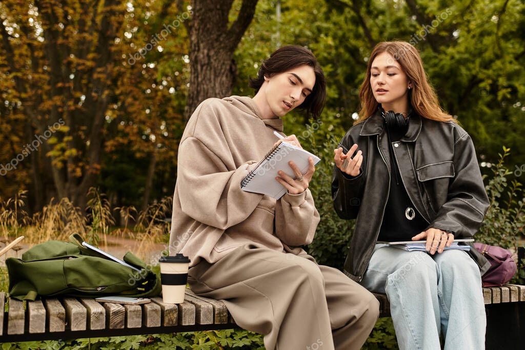 Loving couple enjoys a peaceful afternoon discussing plans on a park bench surrounded by greenery.