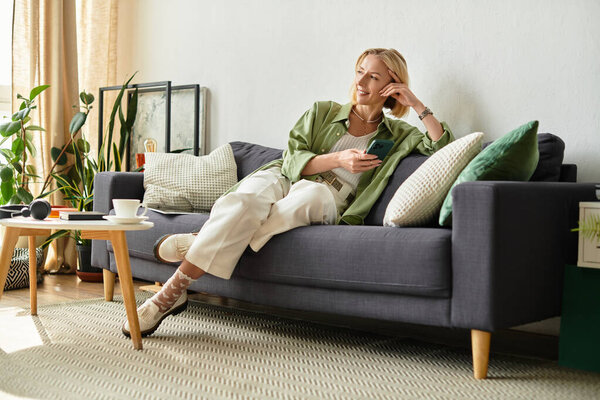 A woman in casual wear relaxes on a cozy couch, engaged with her phone in a warm living room.