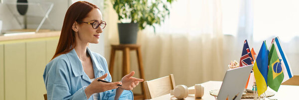 A red-haired language teacher hosts an online lesson from her cozy home office, banner