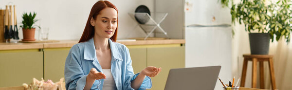 A woman with red hair gives online language lessons from her cozy home workspace, banner